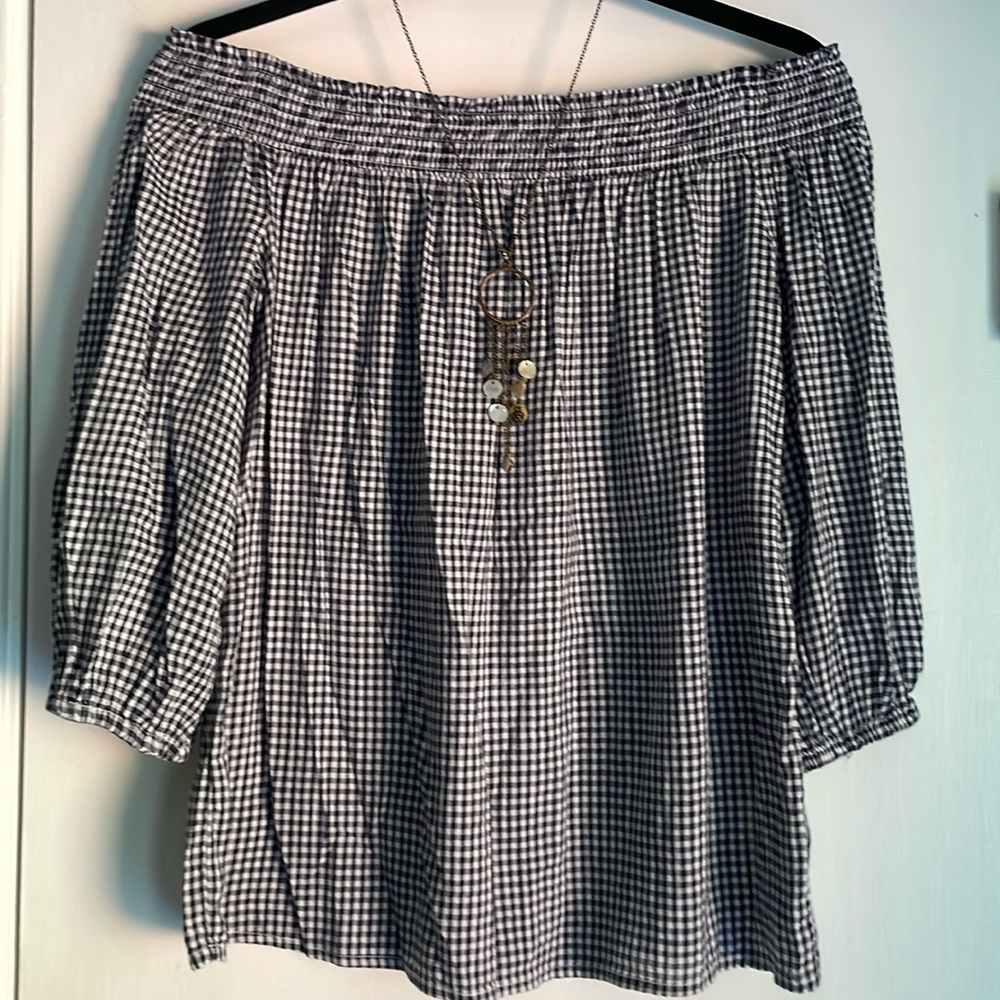 Old Navy Navy & White Checkered Off Shoulder Top XS